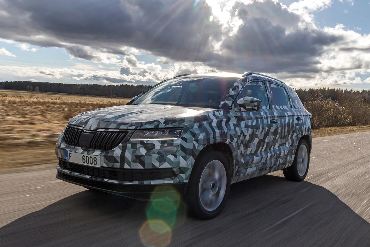 2017 skoda karoq suv camouflagued in motion