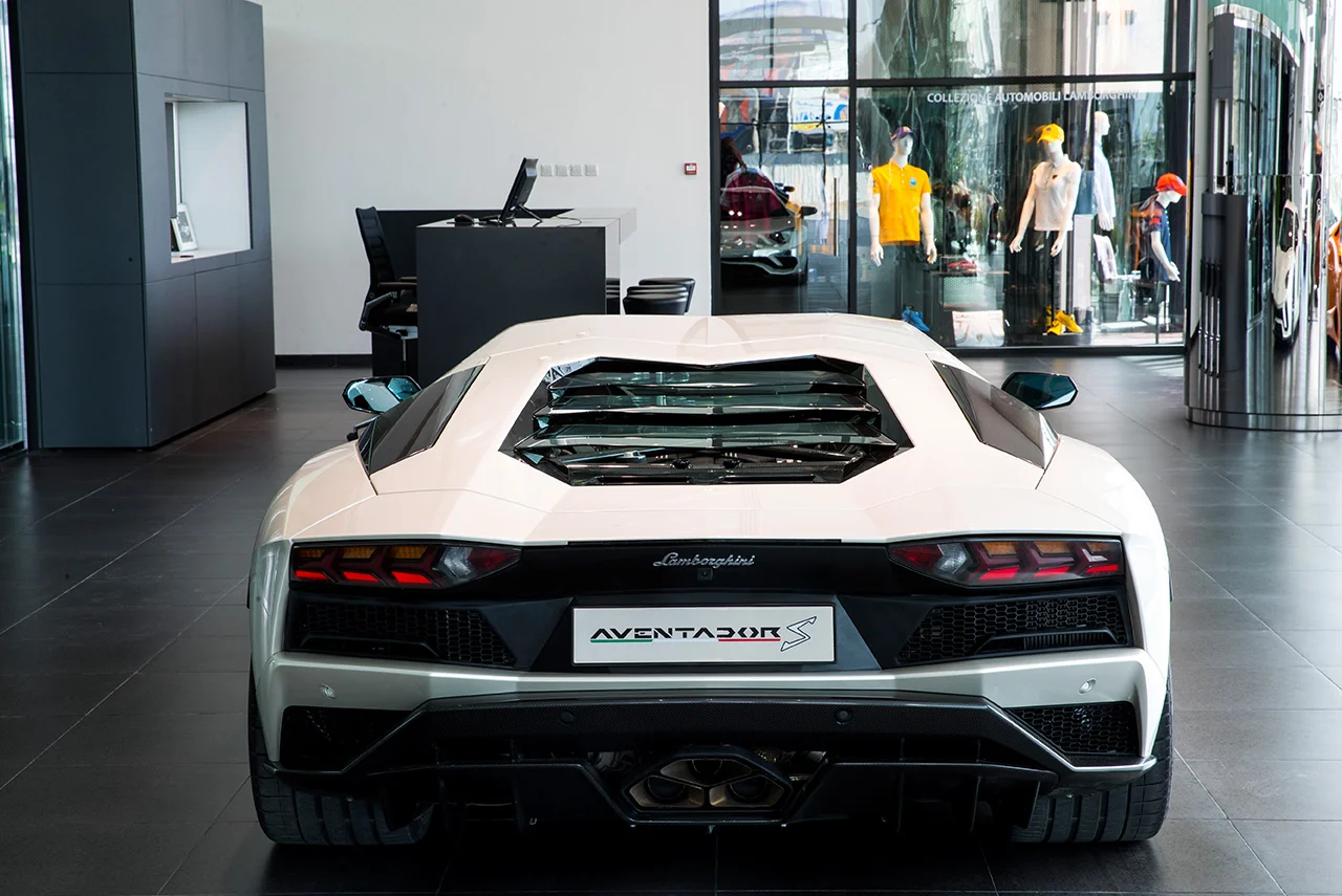 Do check out the Largest Lamborghini showroom if you visit Dubai 6 lamborghini dubai showroom aventador s white rear