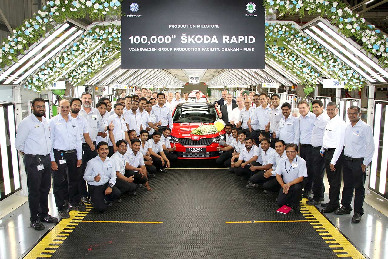 SKODA Auto India Employees Celebrating the Production of 100000th Rapid Production