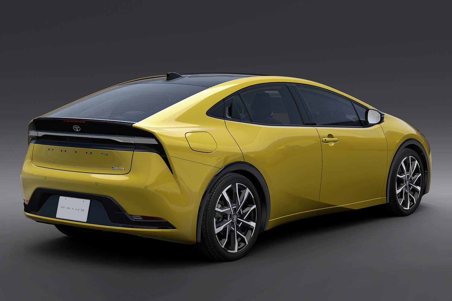 All New 2023 Toyota Prius PHEV Yellow Rear Quarter Right