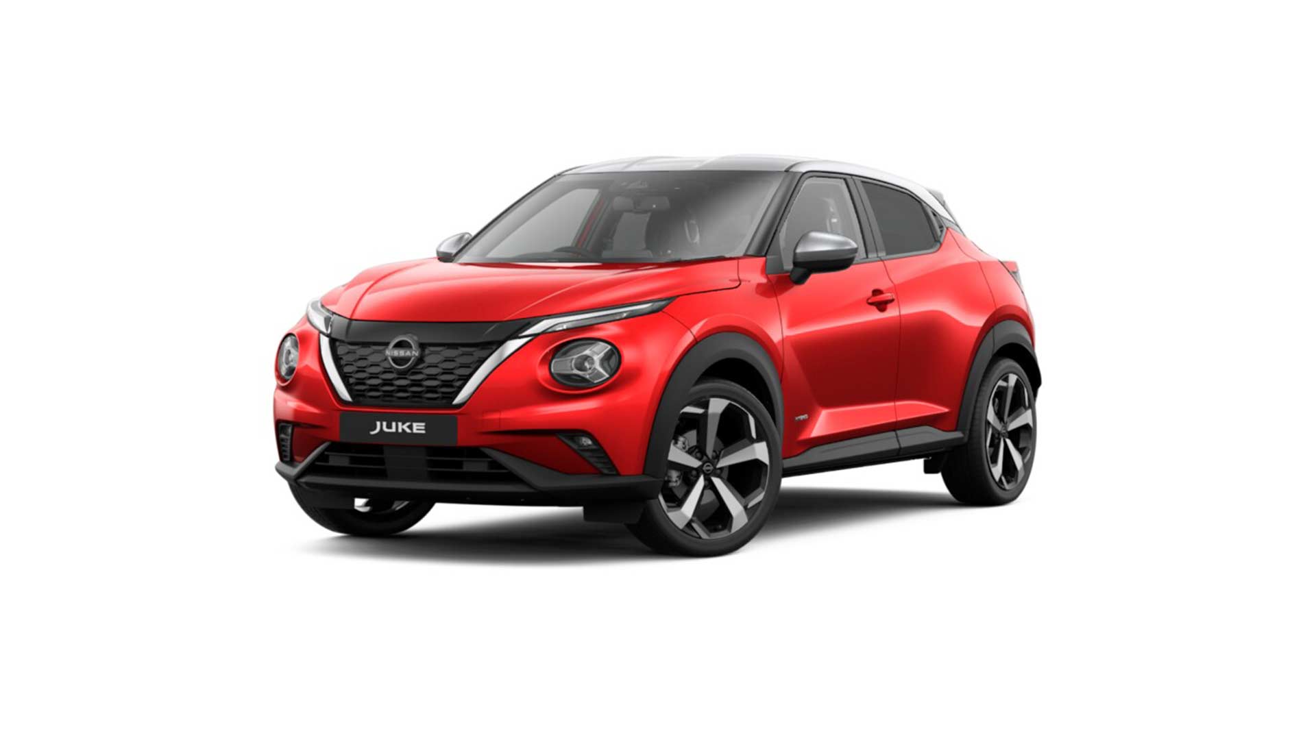 2023 Nissan Juke Tekna Hybrid Fuji Sunset Red with Blade Silver Roof and door mirrors