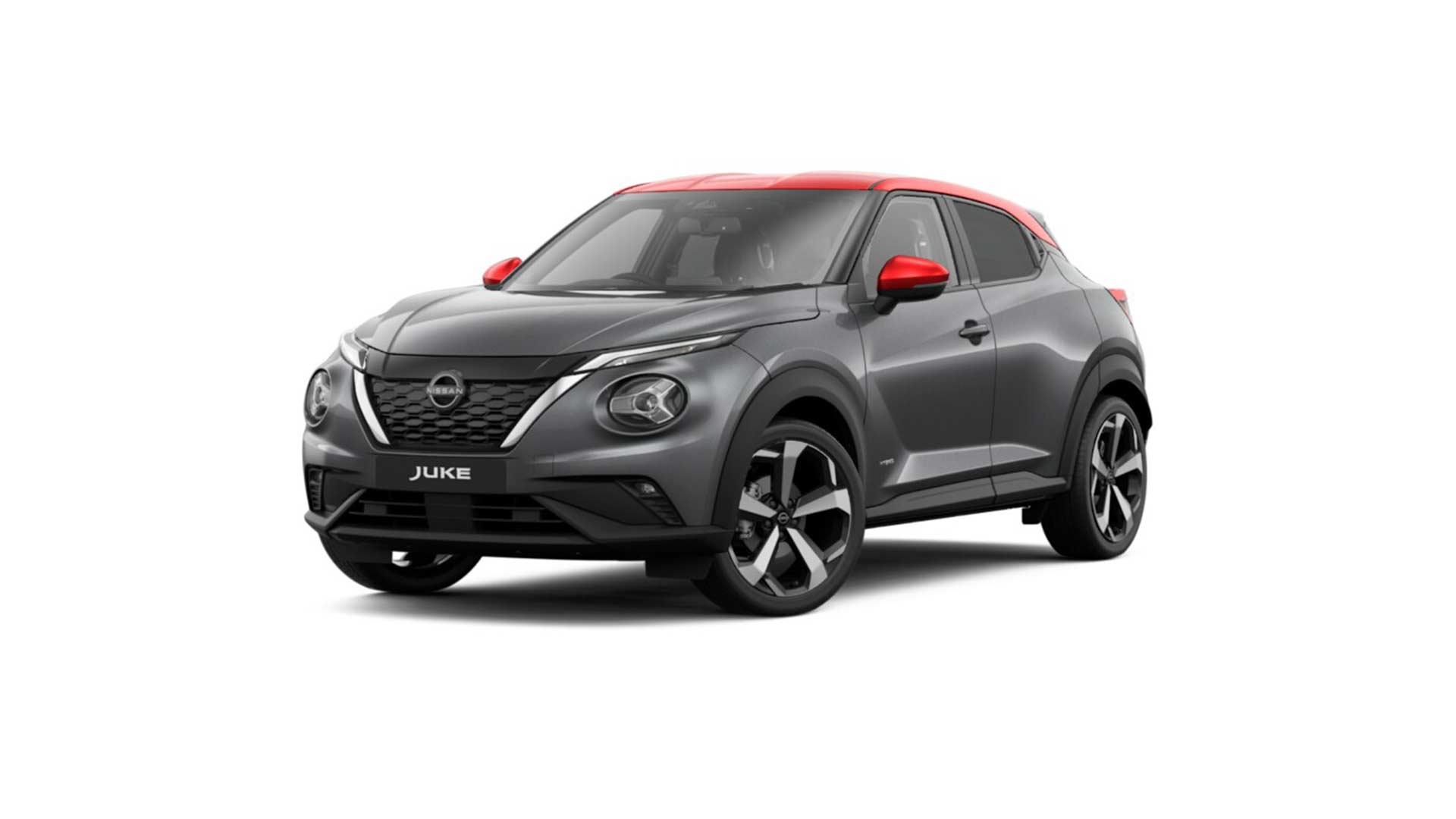 2023 Nissan Juke Tekna Hybrid Gun Metallic with Fuji Sunset Red roof and door mirrors