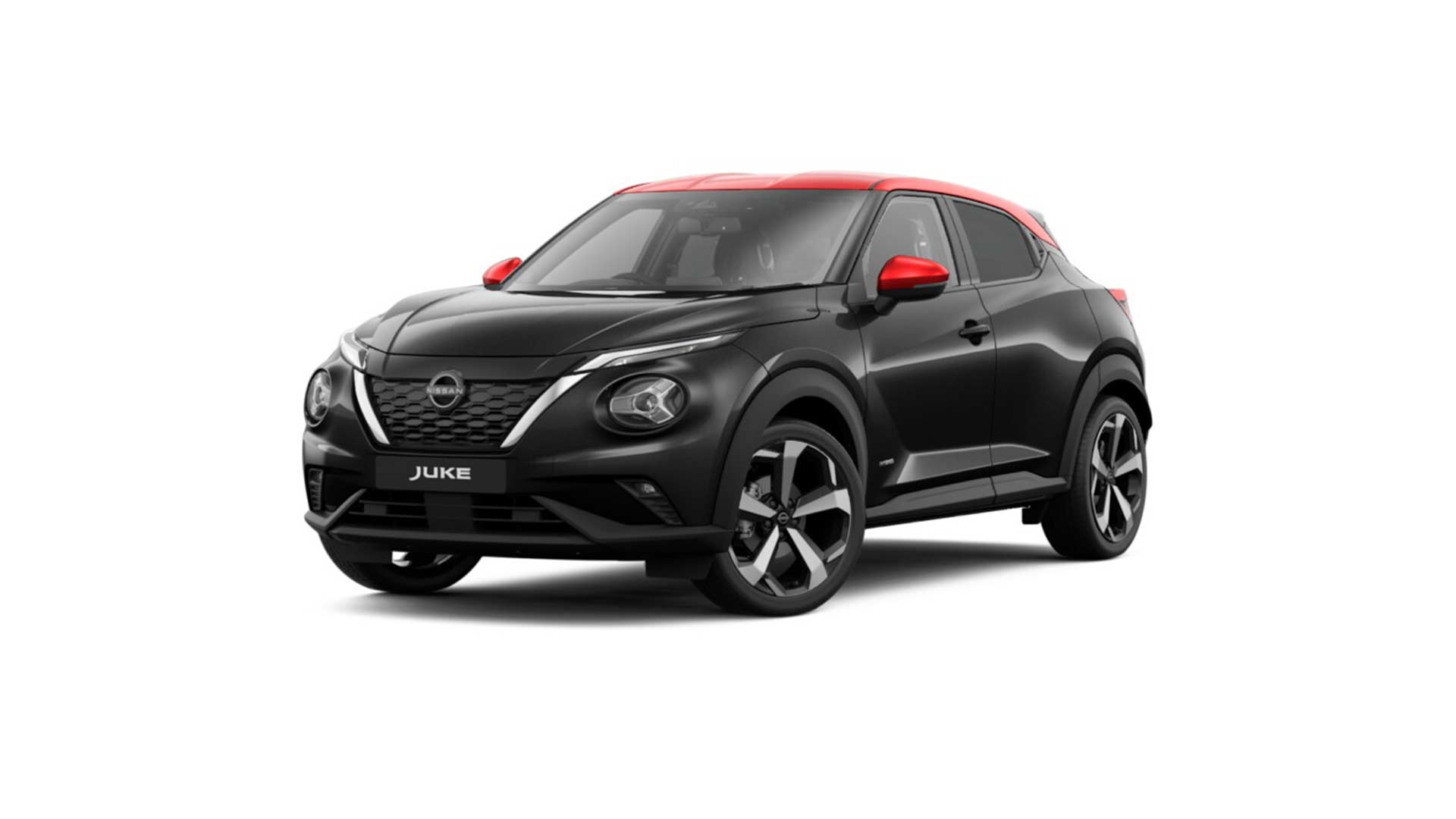 2023 Nissan Juke Tekna Hybrid Pearl Black with Fuji Sunset Red roof and door mirrors