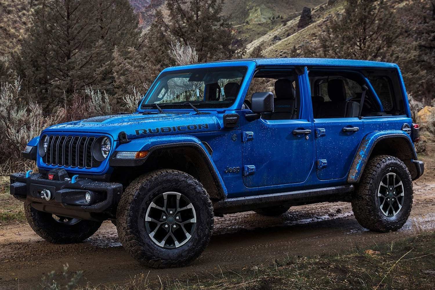 2024 Jeep Wrangler 4xe Rubicon Hydro Blue Front Quarter
