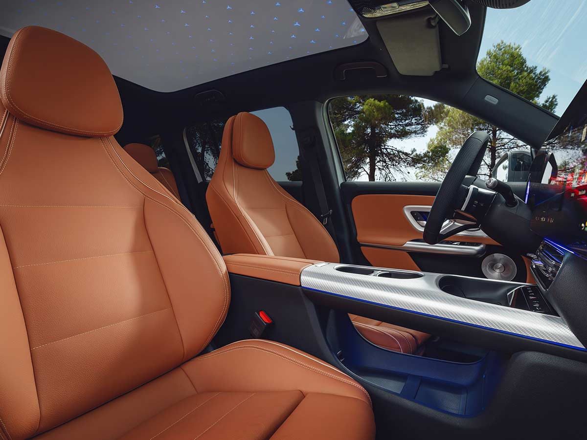 2026 Mercedes Benz GLB Elecric Beech Brown Interior front seats and panoramic roof