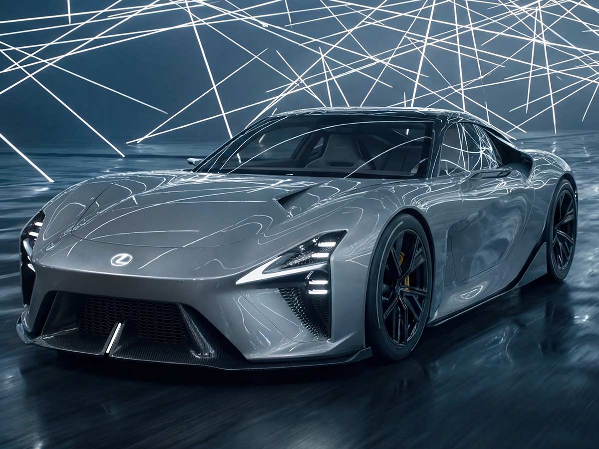 Lexus LFA Concept BEV sports car front three-quarter view during its world premiere, highlighting the low nose and unique LED lighting design.