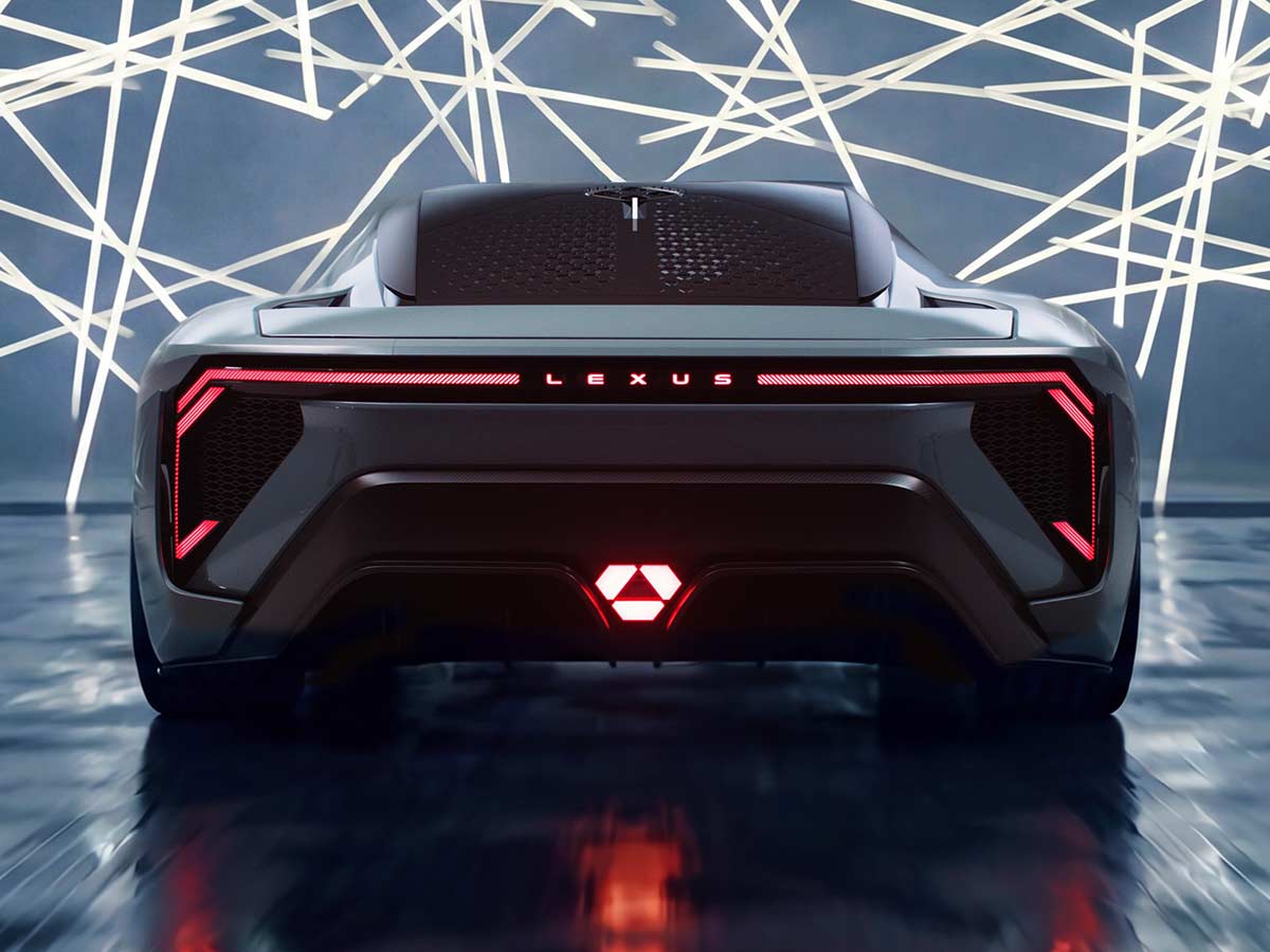 Rear view of the Lexus LFA Concept, emphasizing the unique LED taillight design and the wide, aggressive stance. Dimensions include a width of 2,040mm.