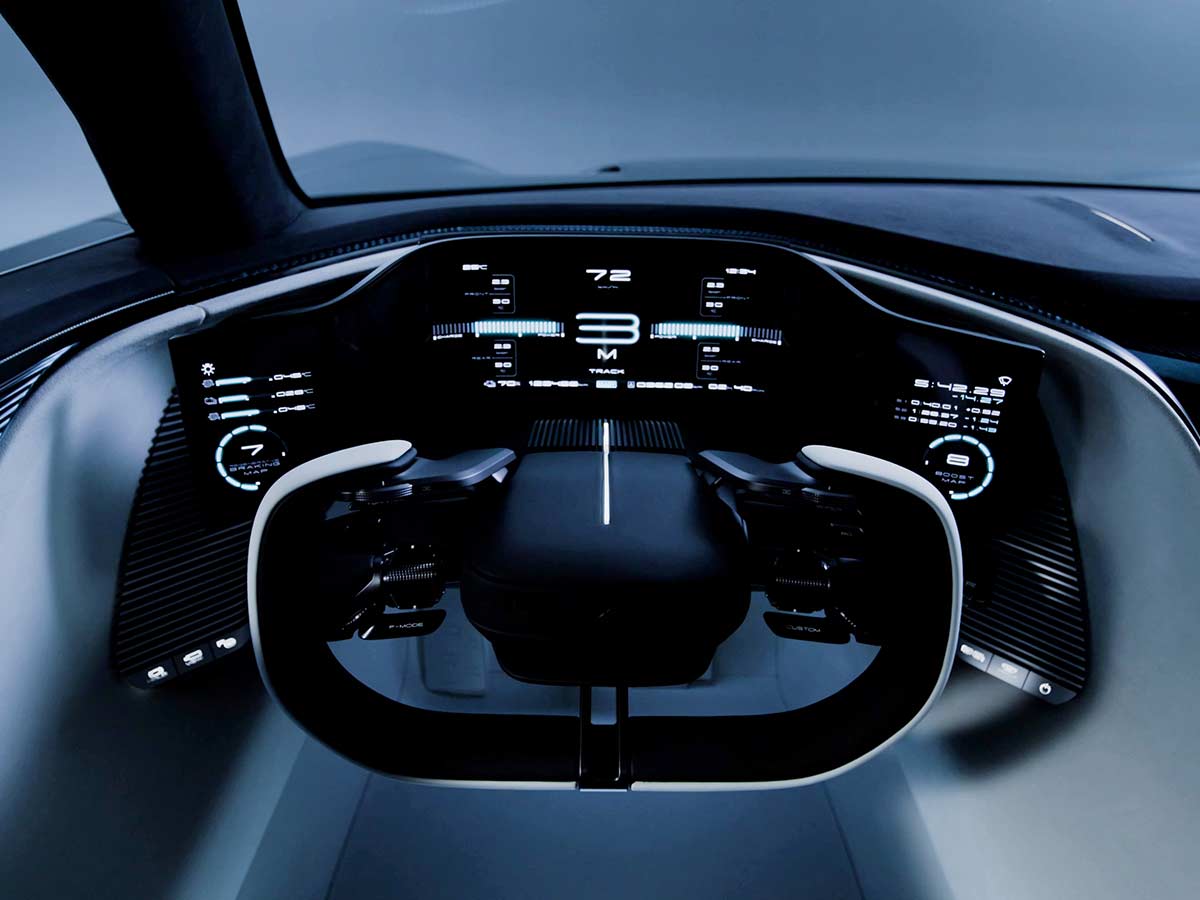 Close-up of the Lexus LFA Concept steering wheel and dashboard, illustrating the refined functional components and switch layout designed for blind touch operation.