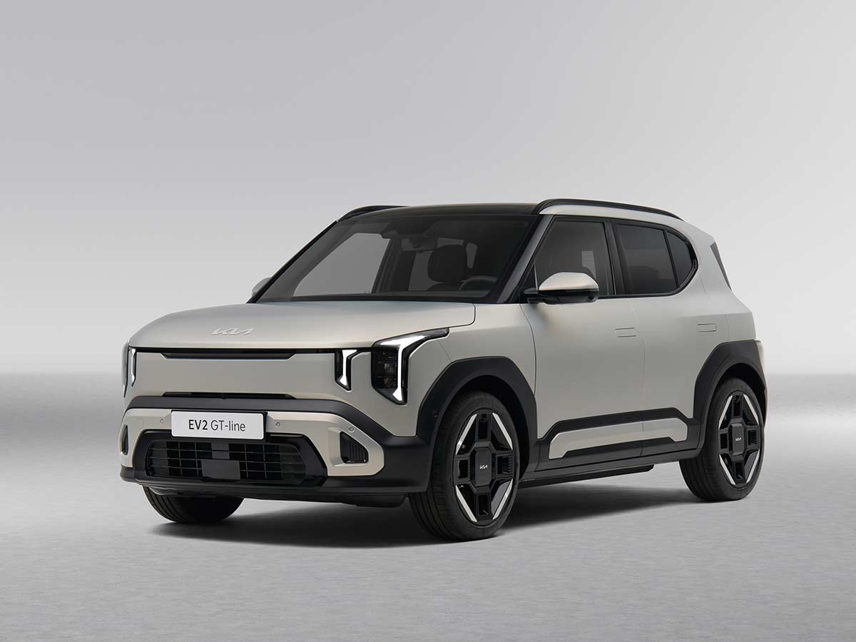 2026 kia ev2 gt line ivory silver matte front quarter view