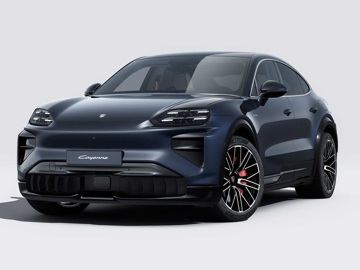 New Porsche Cayenne Turbo Coupe Electric Colours: 13 Shades to Know 1 2026 Porsche Cayenne Turbo Coupe Electric Algarve Blue Metallic Front