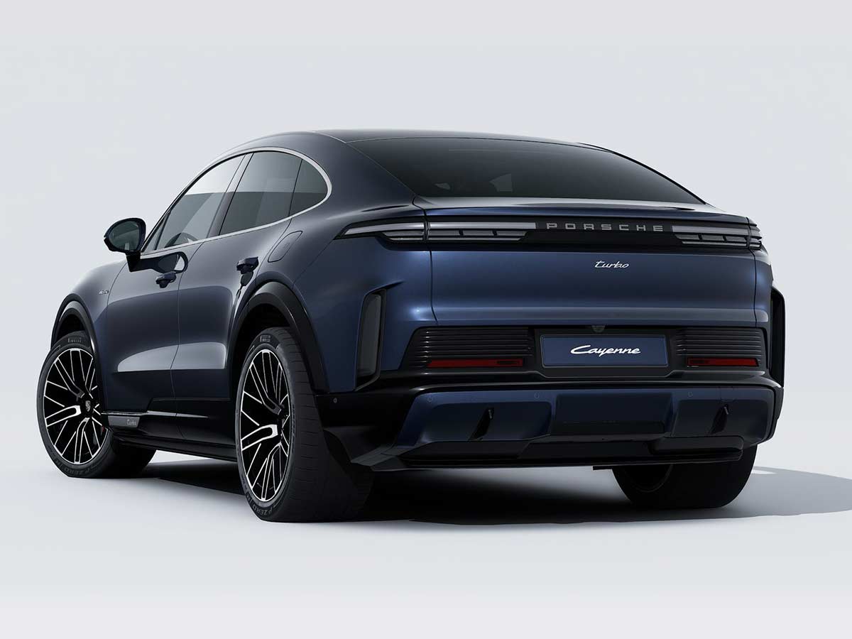 New Porsche Cayenne Turbo Coupe Electric Colours: 13 Shades to Know 2 2026 Porsche Cayenne Turbo Coupe Electric Algarve Blue Metallic Rear
