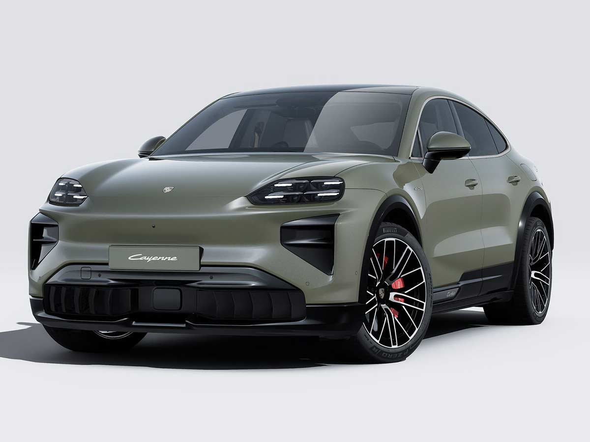 New Porsche Cayenne Turbo Coupe Electric Colours: 13 Shades to Know 11 2026 Porsche Cayenne Turbo Coupe Electric Monteverde Metallic Front