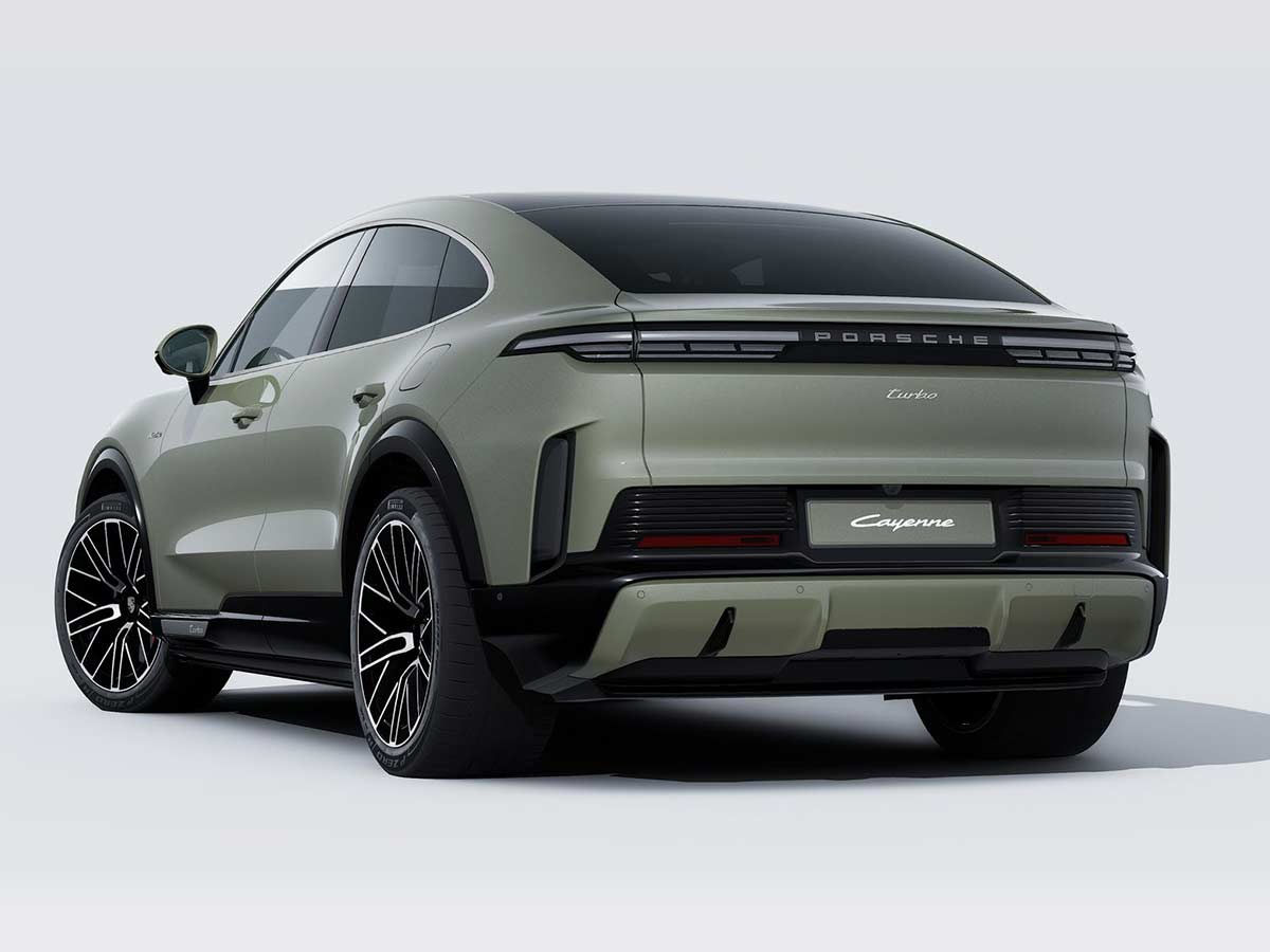 New Porsche Cayenne Turbo Coupe Electric Colours: 13 Shades to Know 12 2026 Porsche Cayenne Turbo Coupe Electric Monteverde Metallic Rear