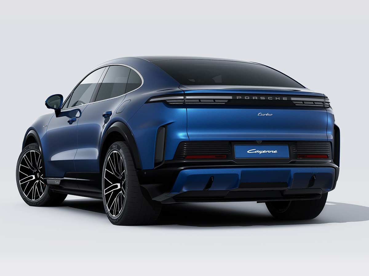 New Porsche Cayenne Turbo Coupe Electric Colours: 13 Shades to Know 16 2026 Porsche Cayenne Turbo Coupe Electric Napali Blue Metallic Rear