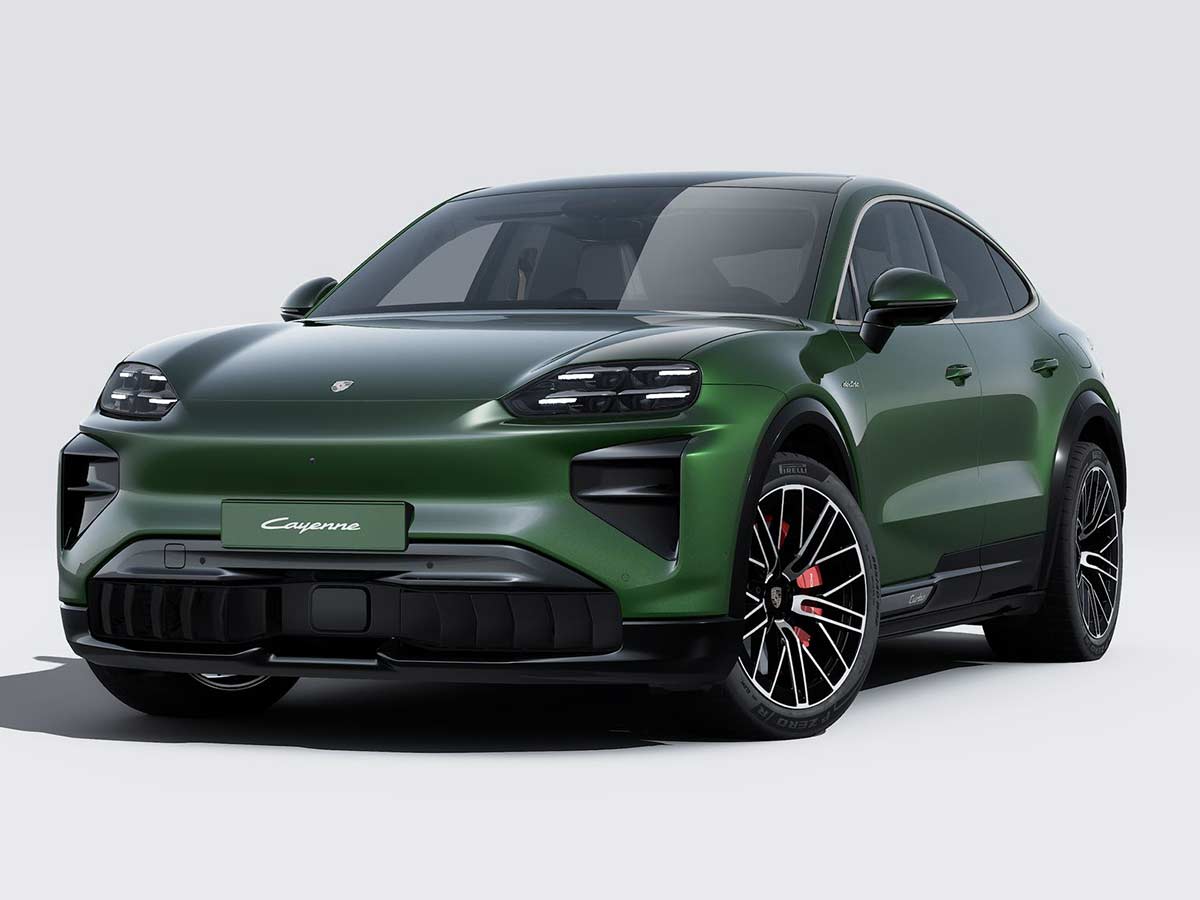 New Porsche Cayenne Turbo Coupe Electric Colours: 13 Shades to Know 17 2026 Porsche Cayenne Turbo Coupe Electric Oak Green Metallic Neo Front