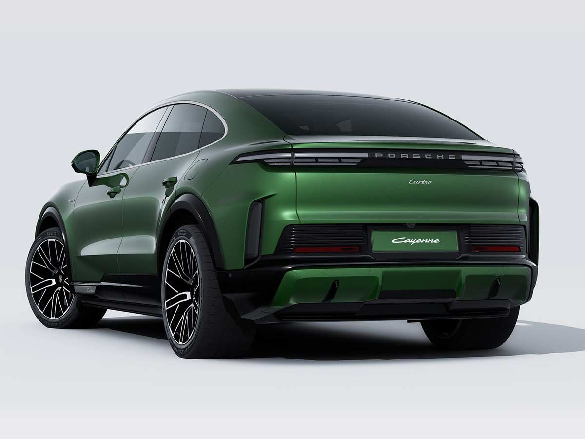 New Porsche Cayenne Turbo Coupe Electric Colours: 13 Shades to Know 18 2026 Porsche Cayenne Turbo Coupe Electric Oak Green Metallic Neo Rear