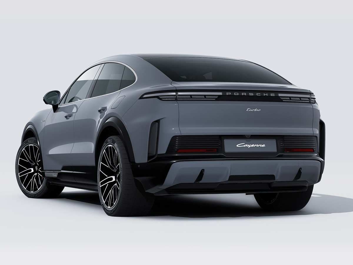 New Porsche Cayenne Turbo Coupe Electric Colours: 13 Shades to Know 22 2026 Porsche Cayenne Turbo Coupe Electric Slate Grey Neo Rear