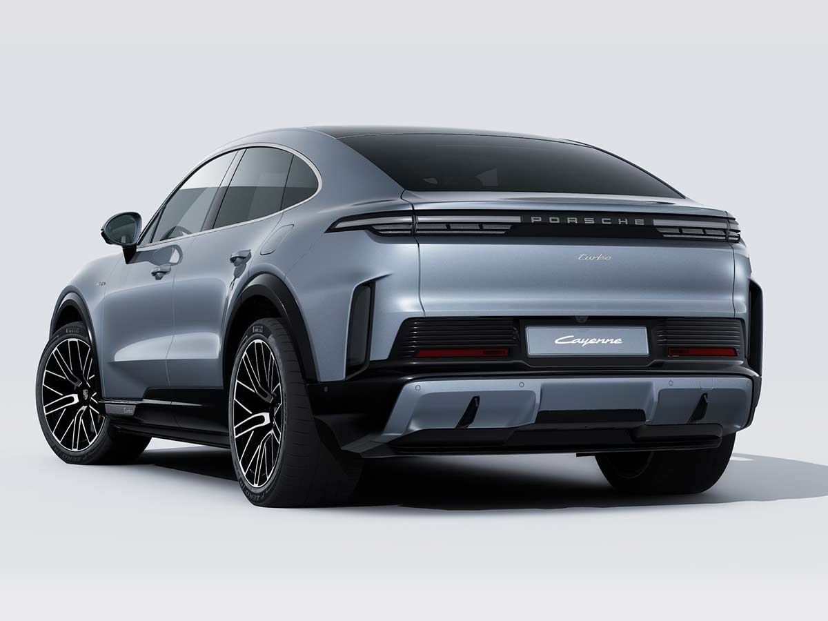 New Porsche Cayenne Turbo Coupe Electric Colours: 13 Shades to Know 24 2026 Porsche Cayenne Turbo Coupe Electric Vanadium Grey Metallic Rear